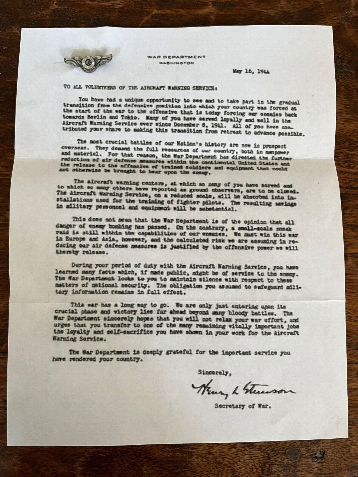 Very Rare!! 1944 U.s. War Dept Air Force Aircraft Warning Service Document & Pin